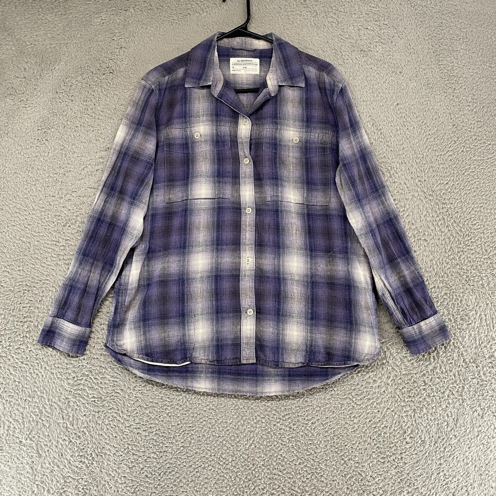 REI Hemp Plaid Shirt Mens Large Purple Cotton Long Sleeve Button Up Nautral